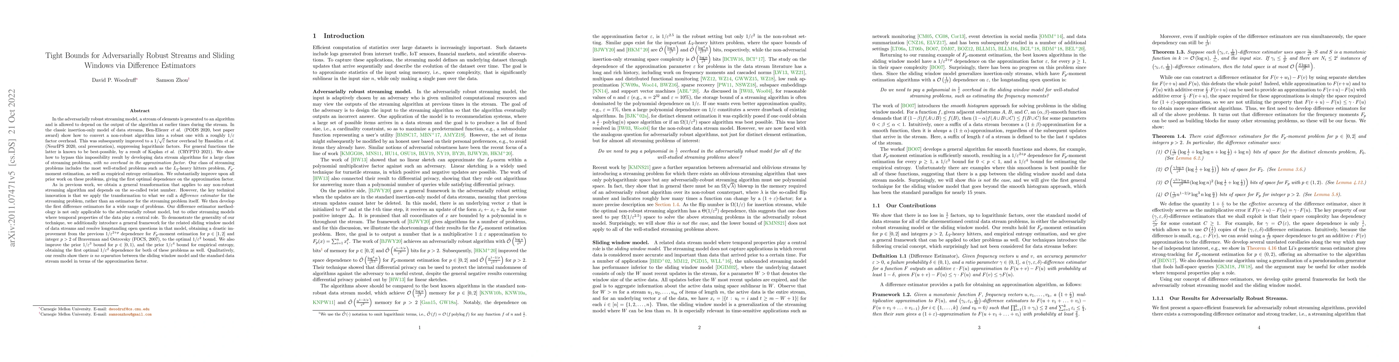 Thumbnail for Tight Bounds for Adversarially Robust Streams and Sliding Windows via
  Difference Estimators