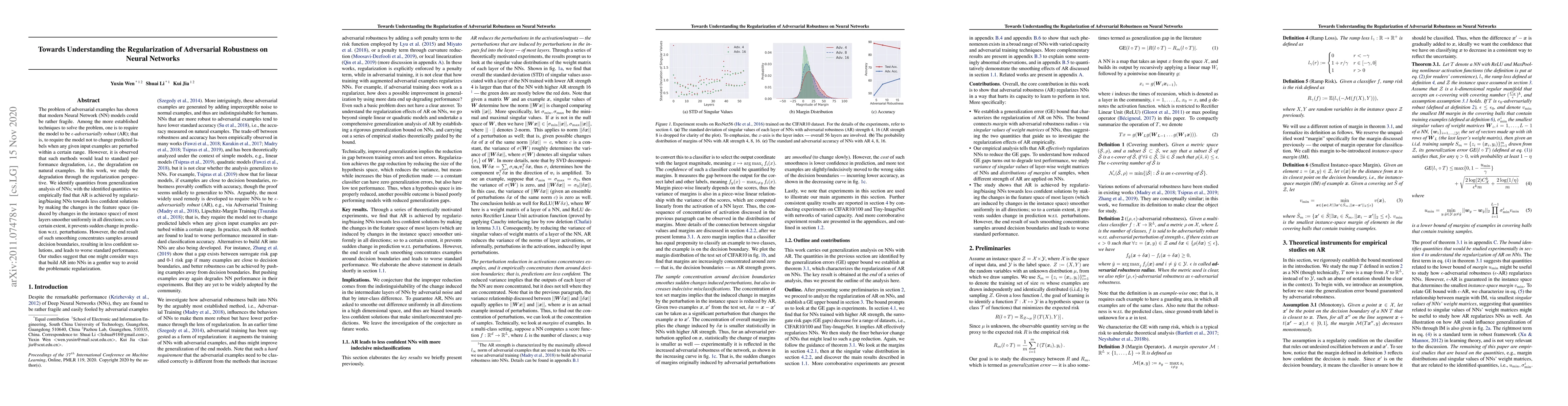 Thumbnail for Towards Understanding the Regularization of Adversarial Robustness on
  Neural Networks