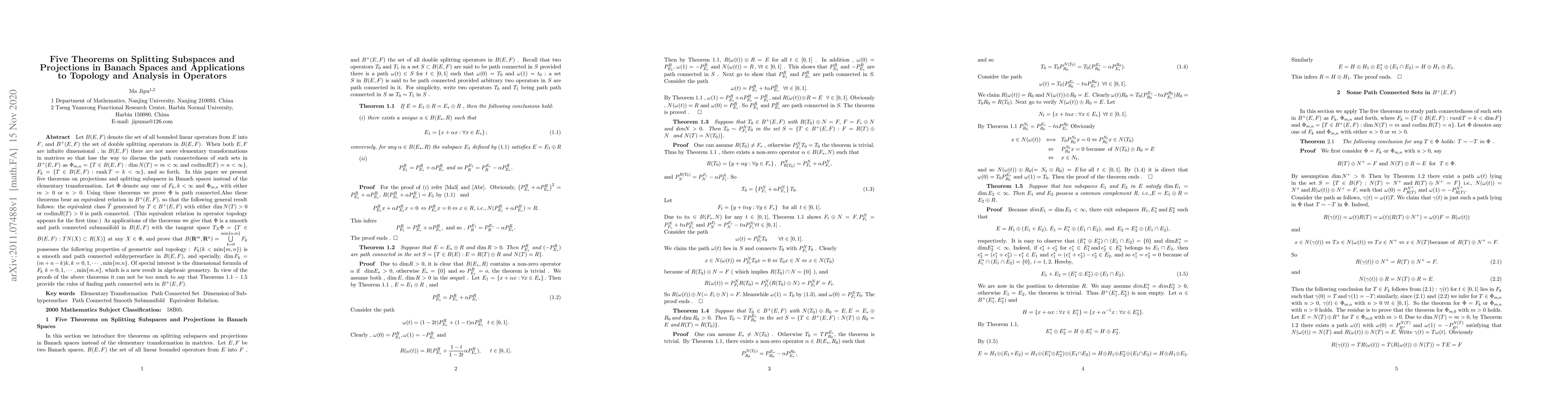 Thumbnail for Five Theorems on Splitting Subspaces and Projections in Banach Spaces
  and Applications to Topology and Analysis in Operators