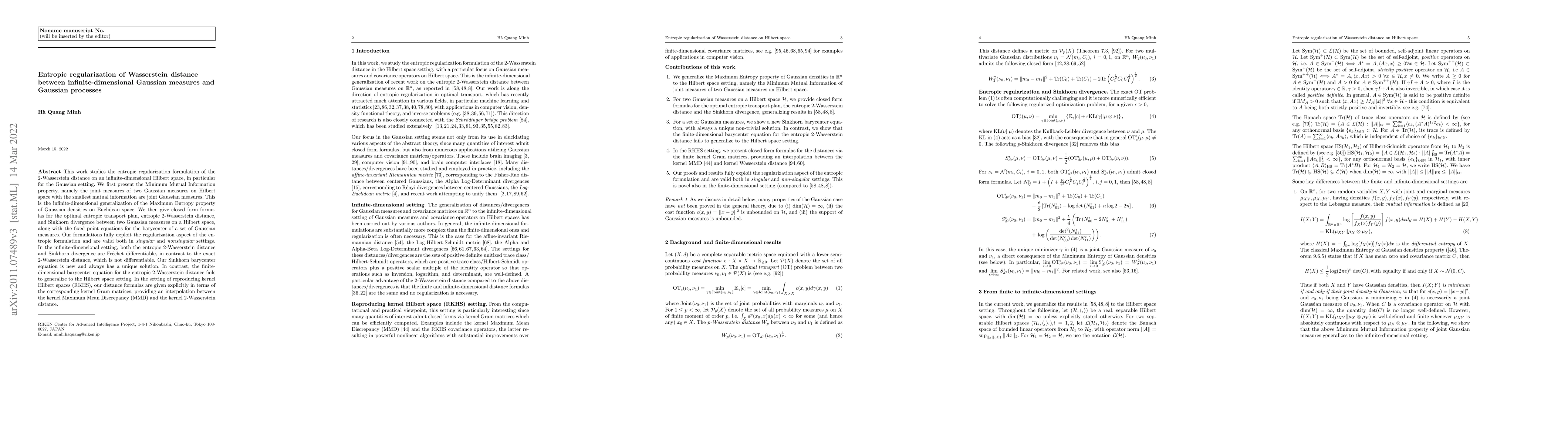 Thumbnail for Entropic regularization of Wasserstein distance between
  infinite-dimensional Gaussian measures and Gaussian processes