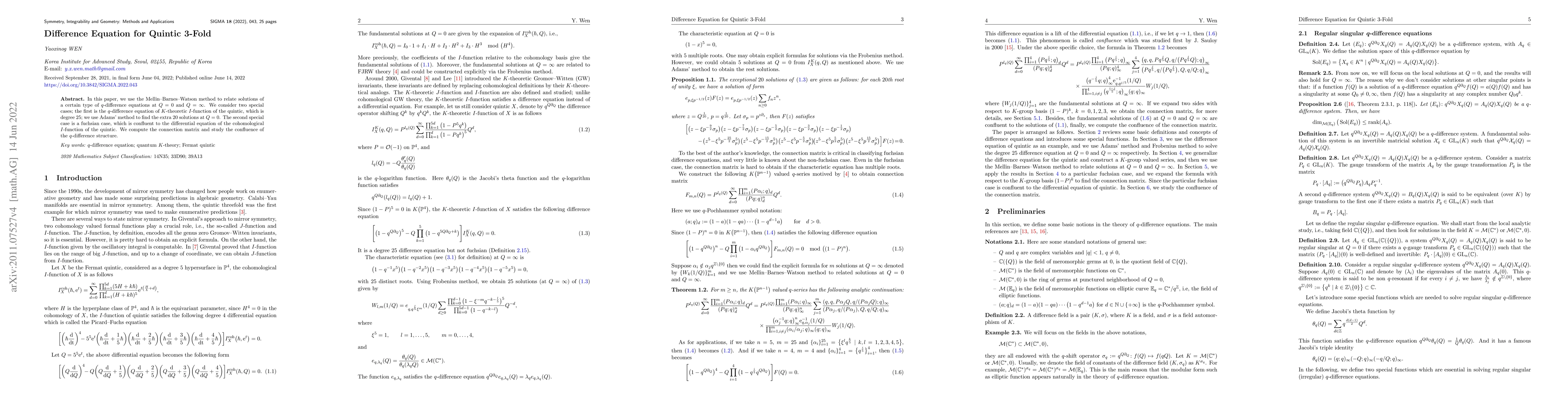 Thumbnail for Difference Equation for Quintic 3-Fold