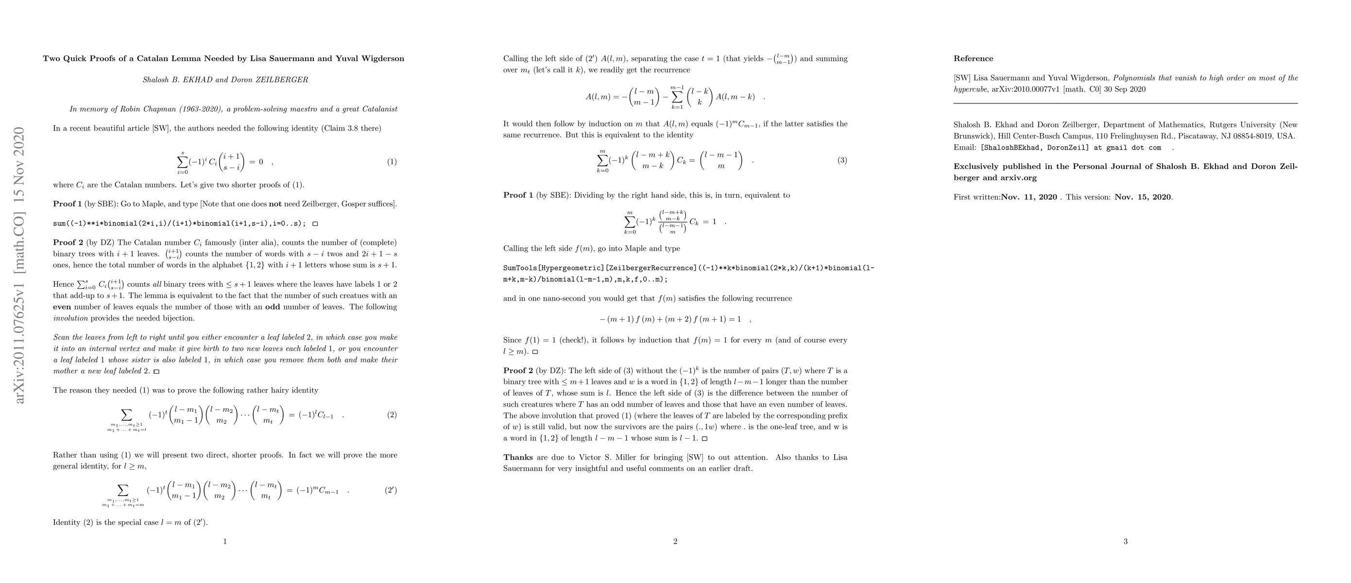 Thumbnail for Two Quick Proofs of a Catalan Lemma Needed by Lisa Sauermann and Yuval
  Wigderson