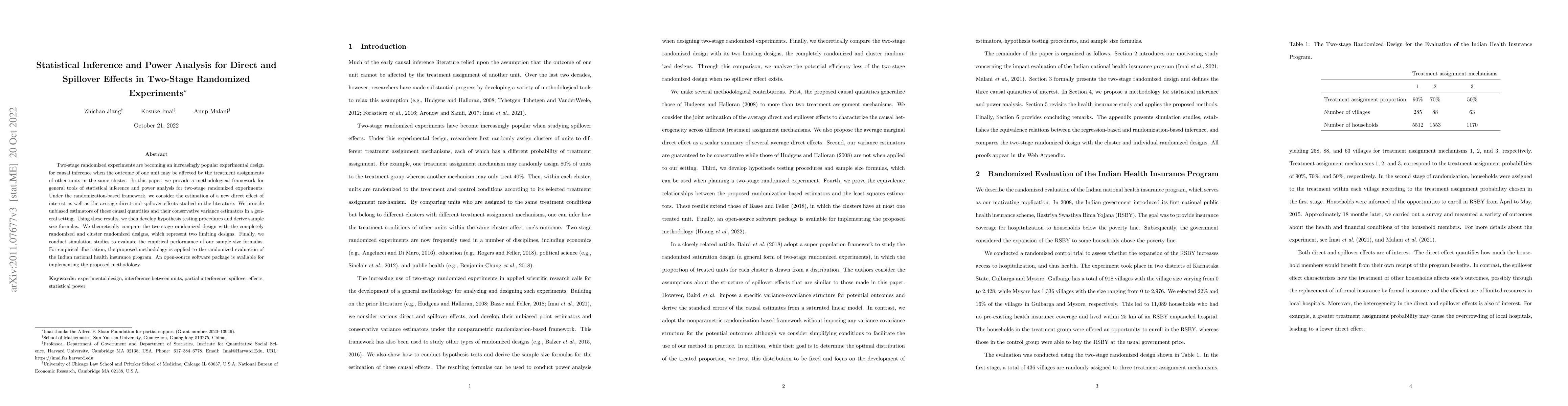 Thumbnail for Statistical Inference and Power Analysis for Direct and Spillover
  Effects in Two-Stage Randomized Experiments