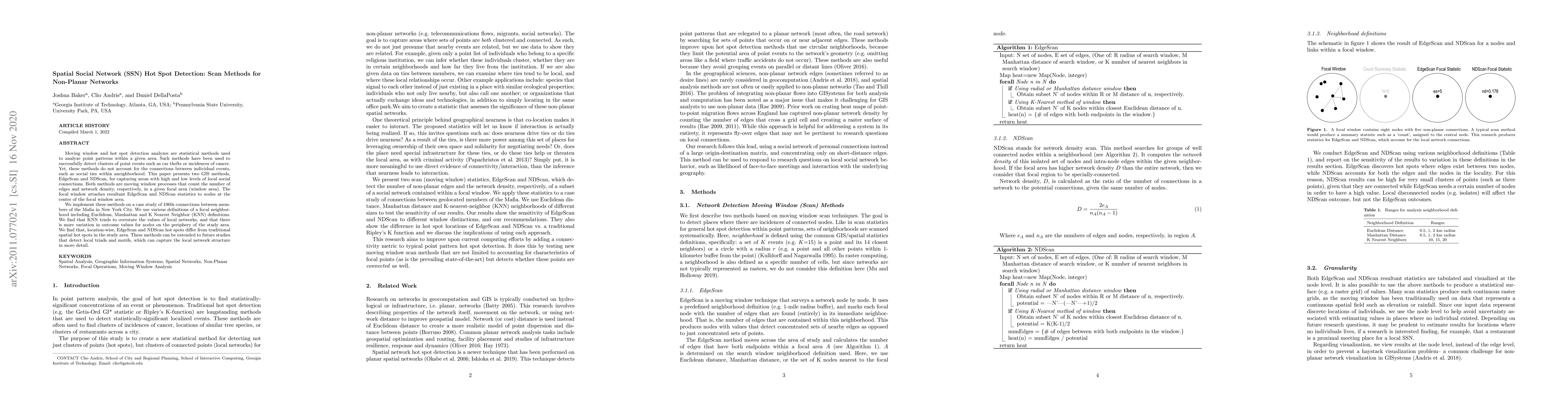 Thumbnail for Spatial Social Network (SSN) Hot Spot Detection: Scan Methods for
  Non-Planar Networks