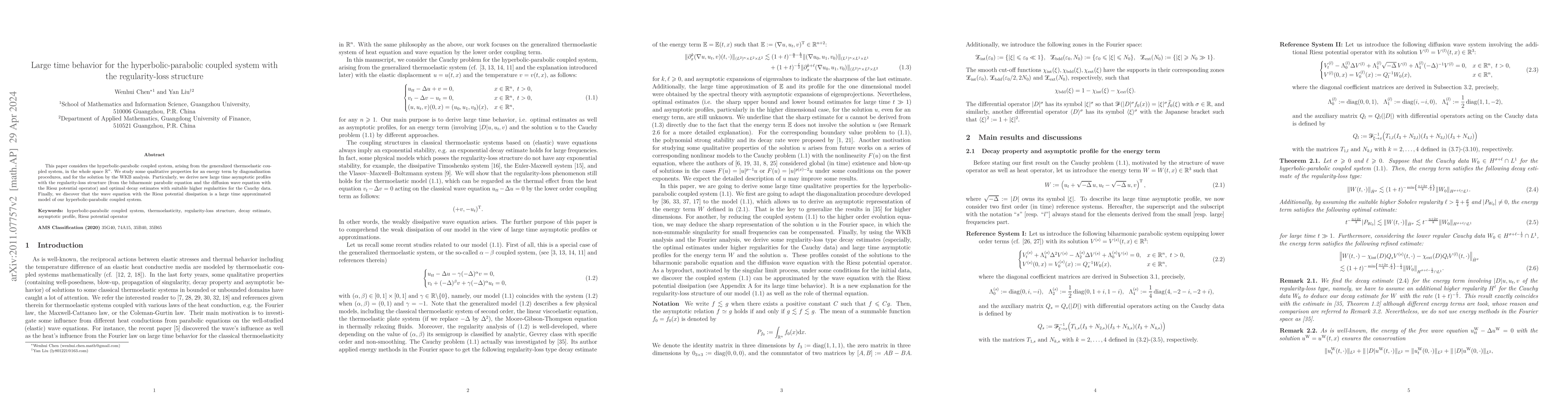 Thumbnail for Large time behavior for the hyperbolic-parabolic coupled system with the
  regularity-loss structure