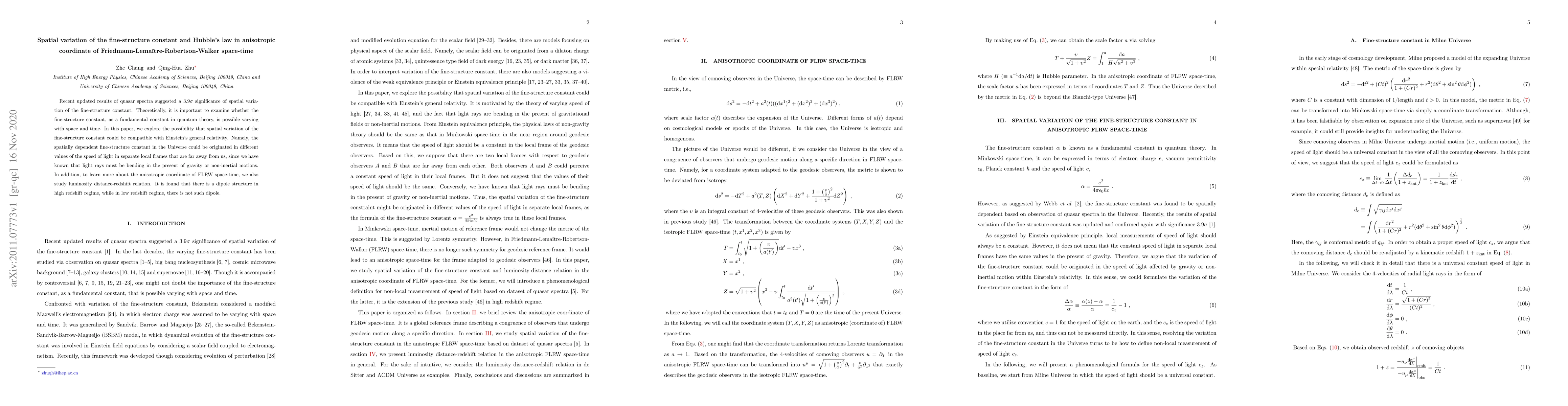 Thumbnail for Spatial variation of the fine-structure constant and Hubble's law in
  anisotropic coordinate of Friedmann-Lemaitre-Robertson-Walker space-time