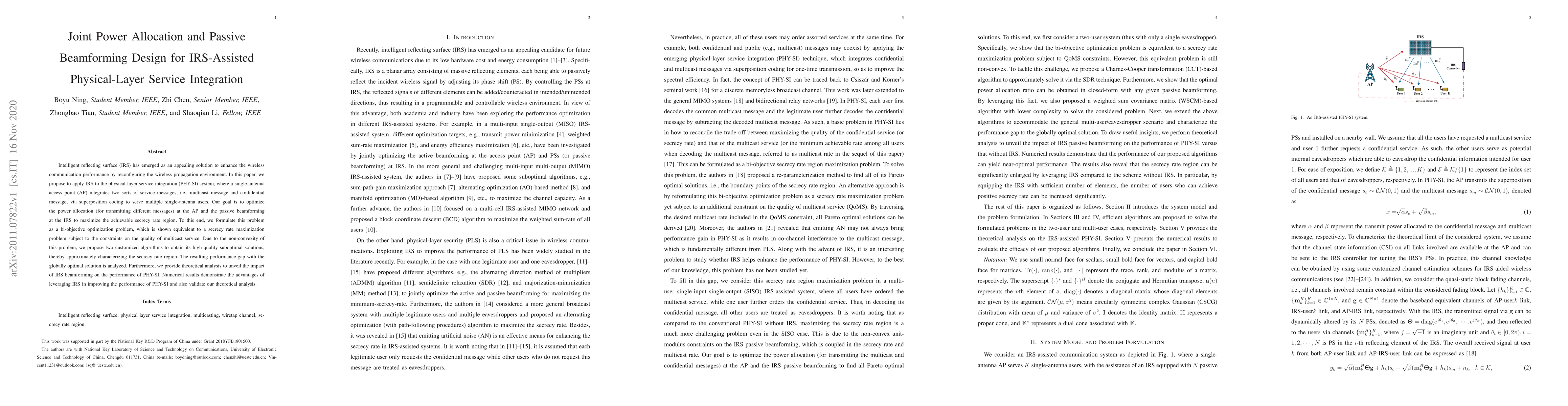 Thumbnail for Joint Power Allocation and Passive Beamforming Design for IRS-Assisted
  Physical-Layer Service Integration