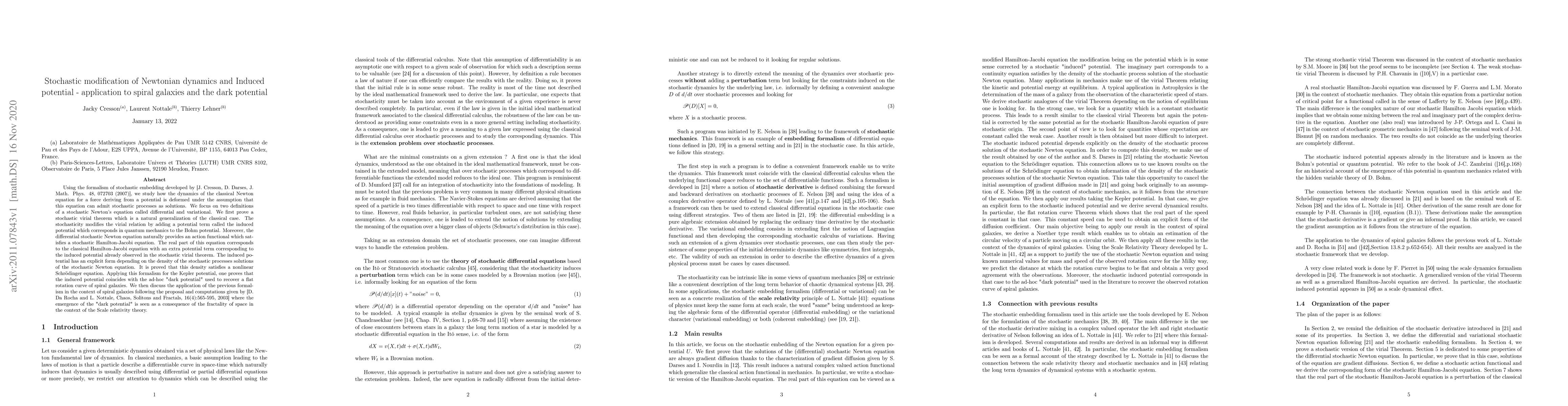 Thumbnail for Stochastic modication of Newtonian dynamics and Induced potential
  -application to spiral galaxies and the dark potential