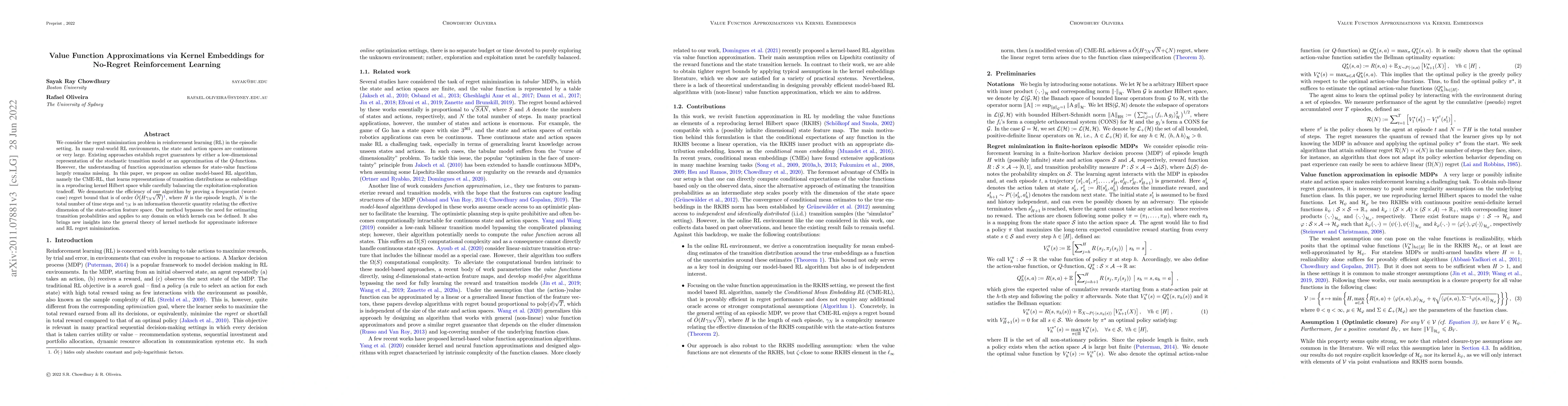 Thumbnail for Value Function Approximations via Kernel Embeddings for No-Regret
  Reinforcement Learning
