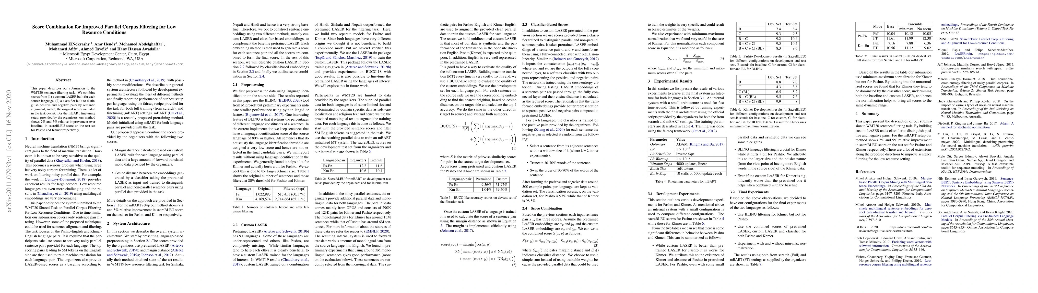 Thumbnail for Score Combination for Improved Parallel Corpus Filtering for Low
  Resource Conditions