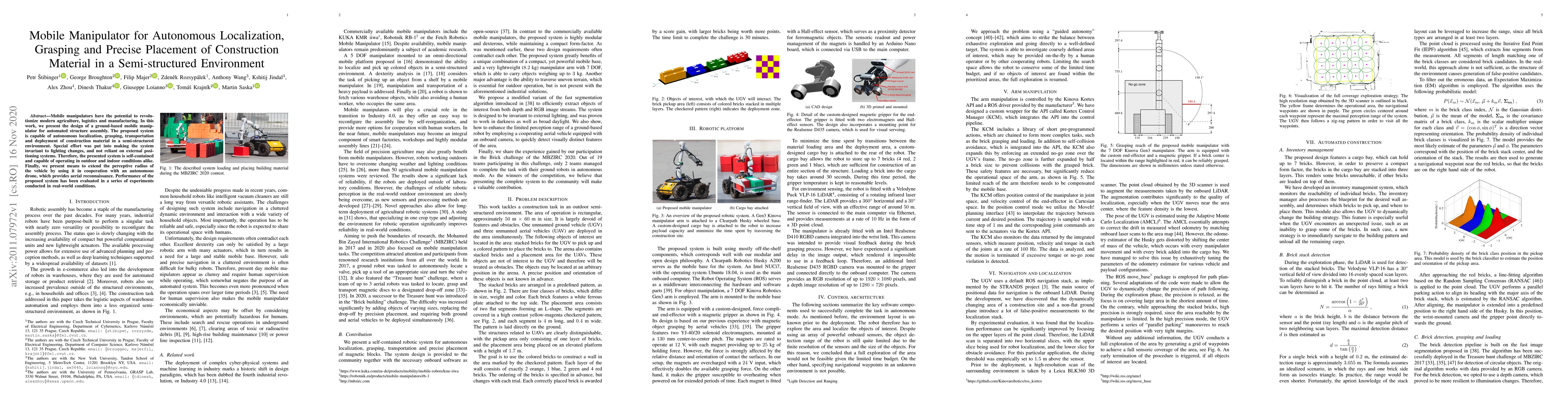 Thumbnail for Mobile Manipulator for Autonomous Localization, Grasping and Precise
  Placement of Construction Material in a Semi-structured Environment