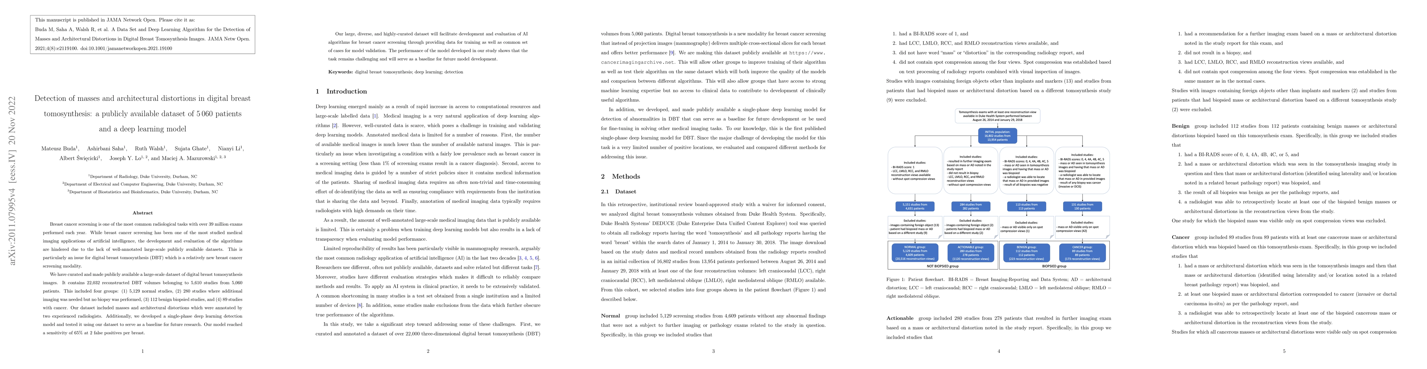 Thumbnail for Detection of masses and architectural distortions in digital breast
  tomosynthesis: a publicly available dataset of 5,060 patients and a deep
  learning model
