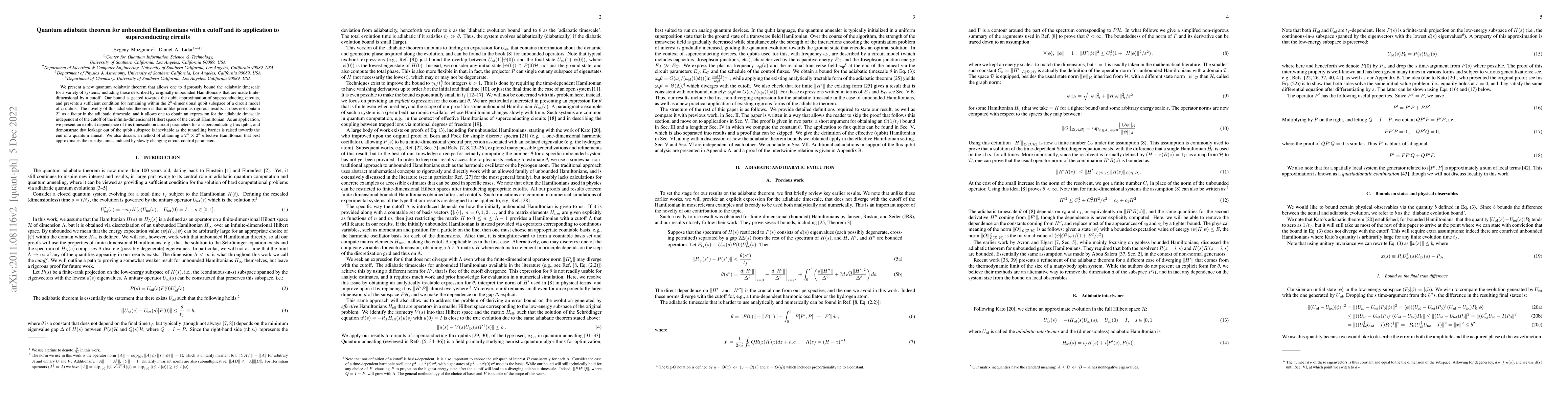 Thumbnail for Quantum adiabatic theorem for unbounded Hamiltonians with a cutoff and
  its application to superconducting circuits