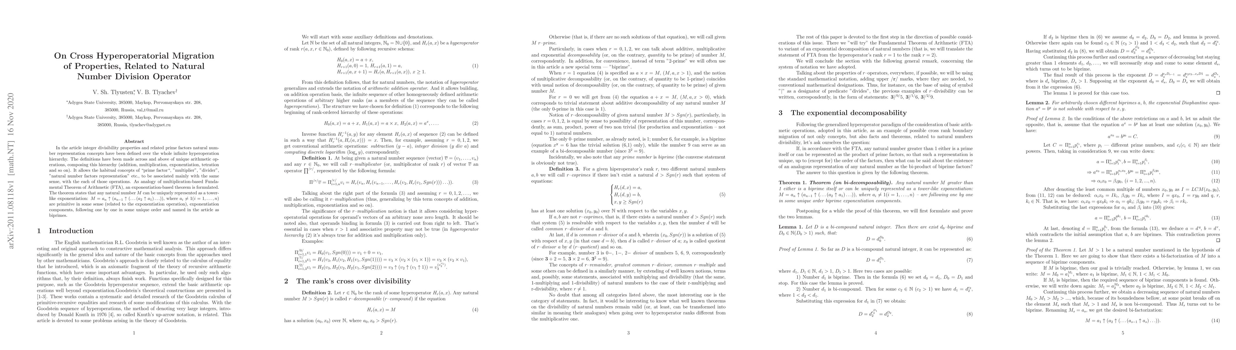 Thumbnail for On Cross Hyperoperatorial Migration of Properties, Related to Natural
  Number Division Operator