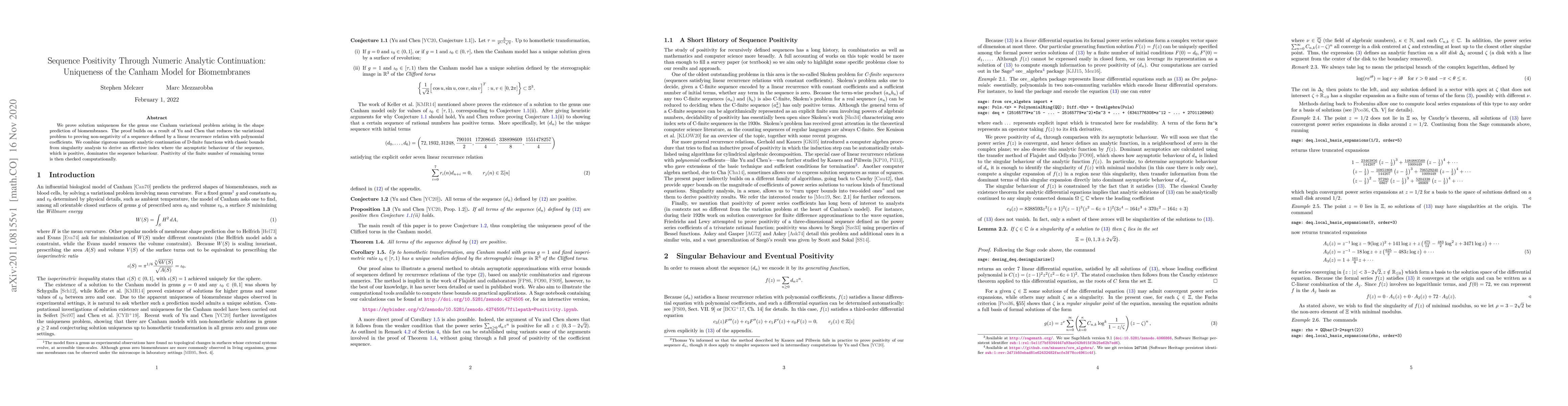 Thumbnail for Sequence Positivity Through Numeric Analytic Continuation: Uniqueness of
  the Canham Model for Biomembranes