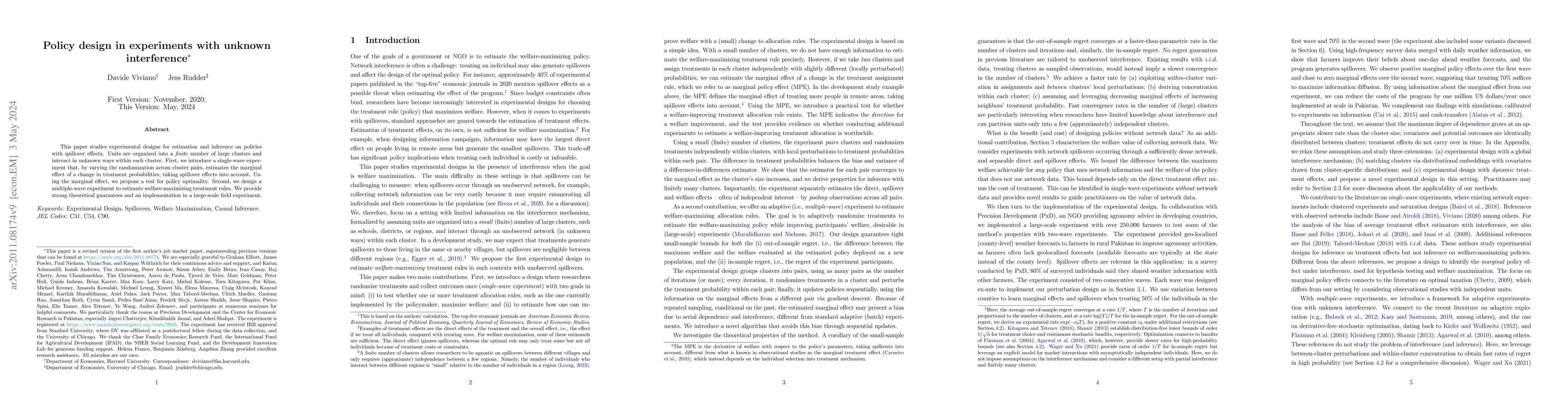 Thumbnail for Policy design in experiments with unknown interference