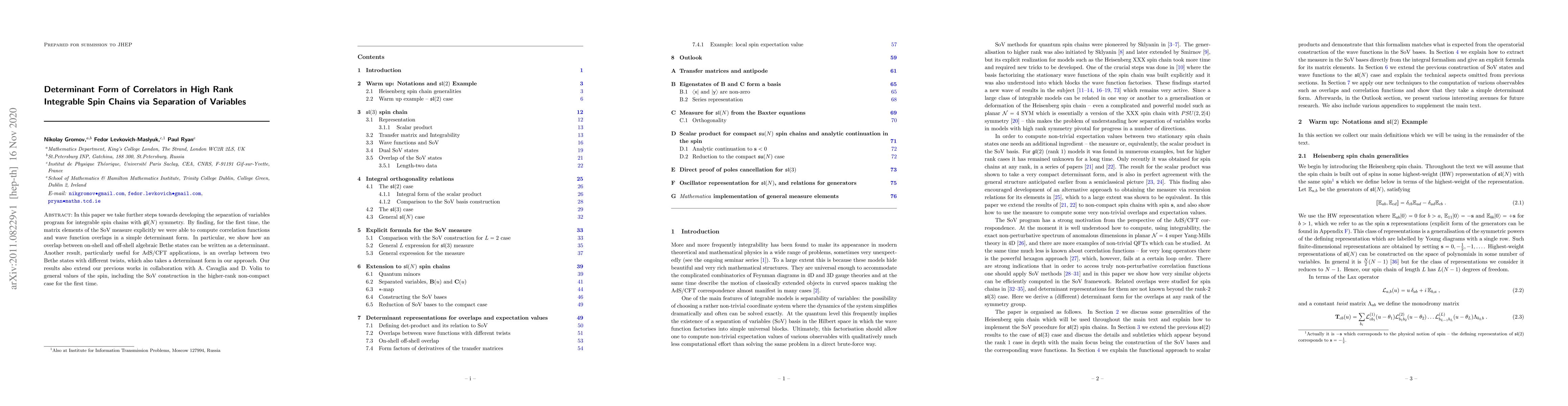 Thumbnail for Determinant Form of Correlators in High Rank Integrable Spin Chains via
  Separation of Variables