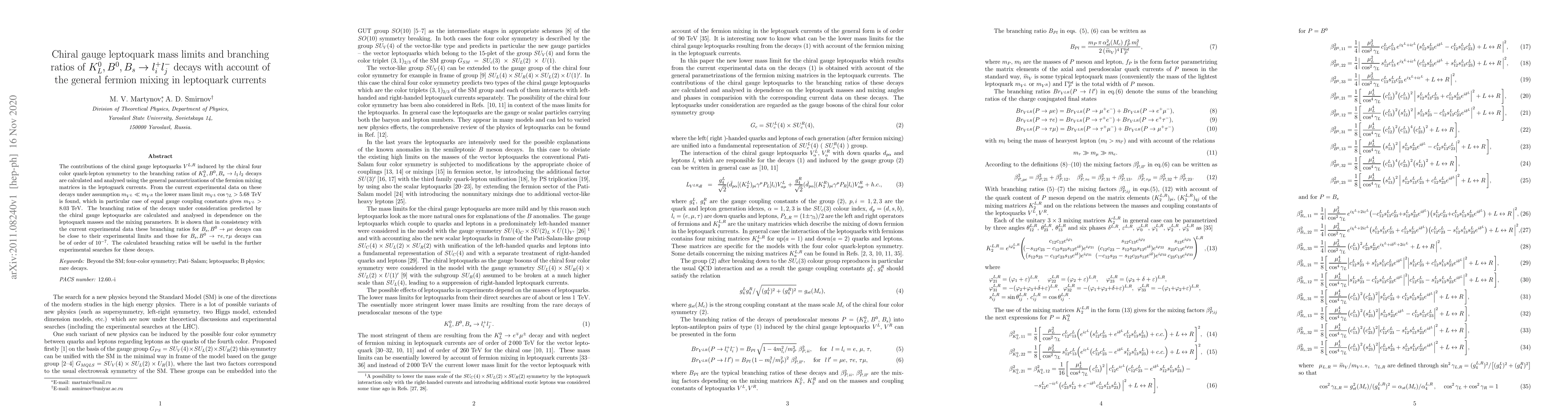 Thumbnail for Chiral gauge leptoquark mass limits and branching ratios of $ K_L^0,
  B^0, B_s \to l^+_i l^-_j $ decays with account of the general fermion mixing
  in leptoquark currents