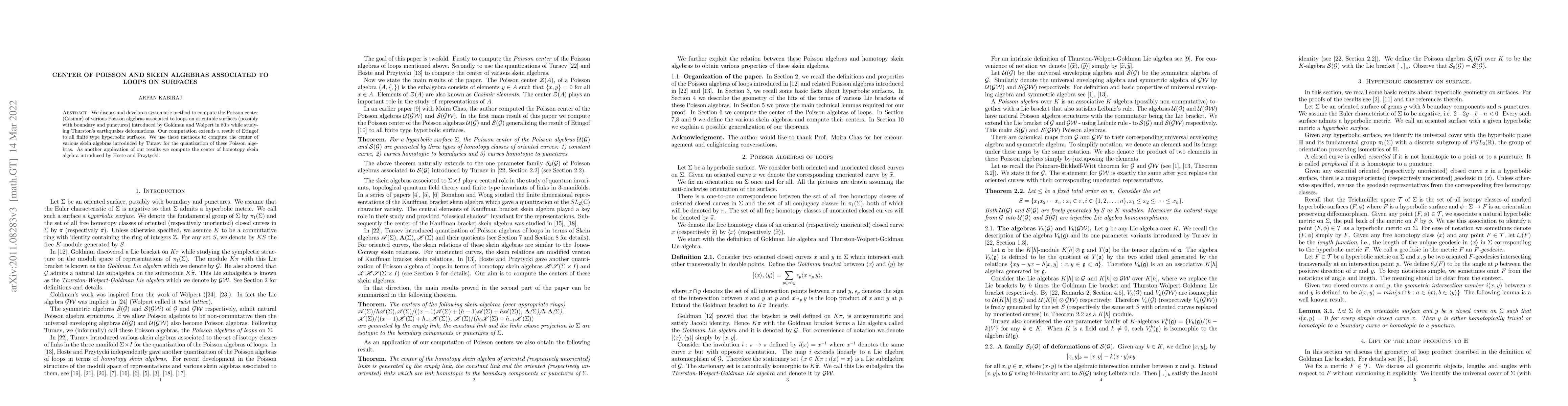 Thumbnail for Center of Poisson and skein algebras associated to loops on surfaces