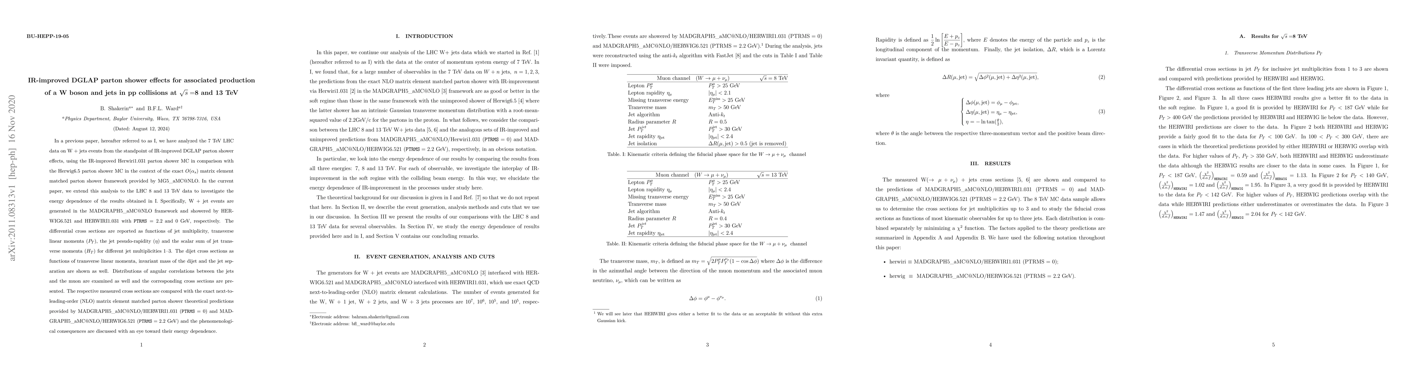 Thumbnail for IR-improved DGLAP parton shower effects for associated production of a W
  boson and jets in pp collisions at $\sqrt{s}=$8 and 13 TeV