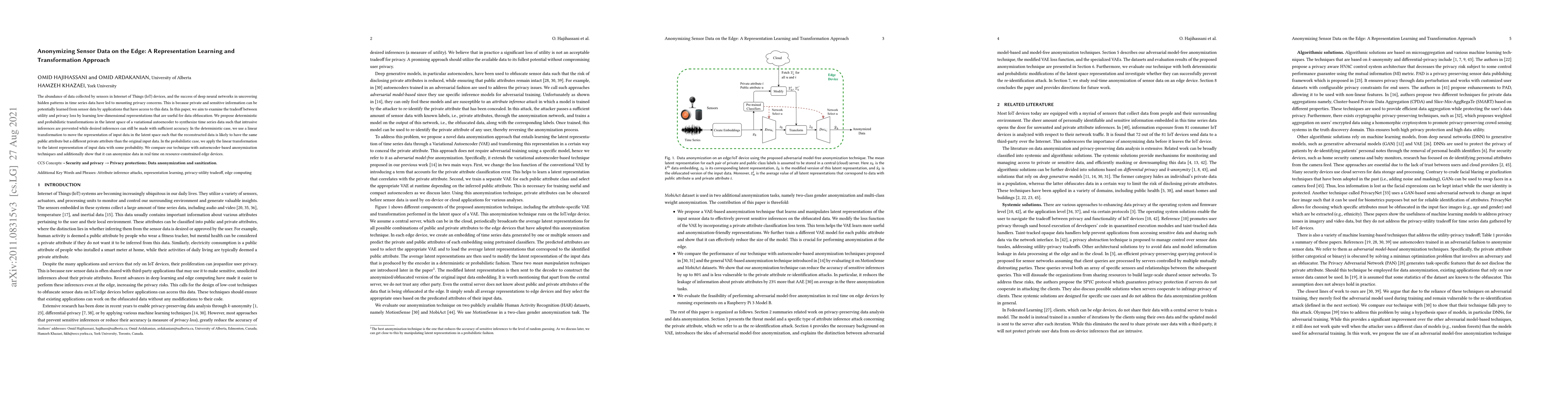 Thumbnail for Anonymizing Sensor Data on the Edge: A Representation Learning and
  Transformation Approach
