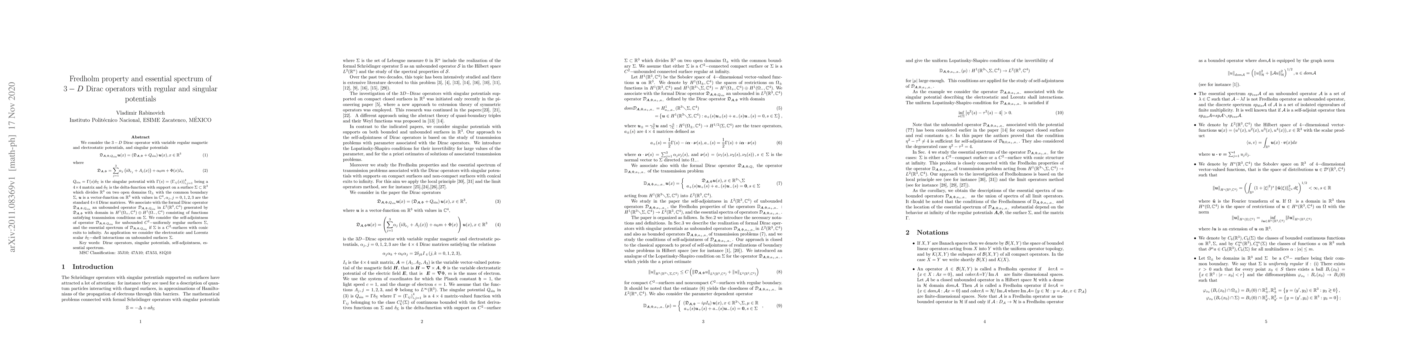 Thumbnail for Fredholm property and essential spectrum of $3-D$ Dirac operators with
  regular and singular potentials