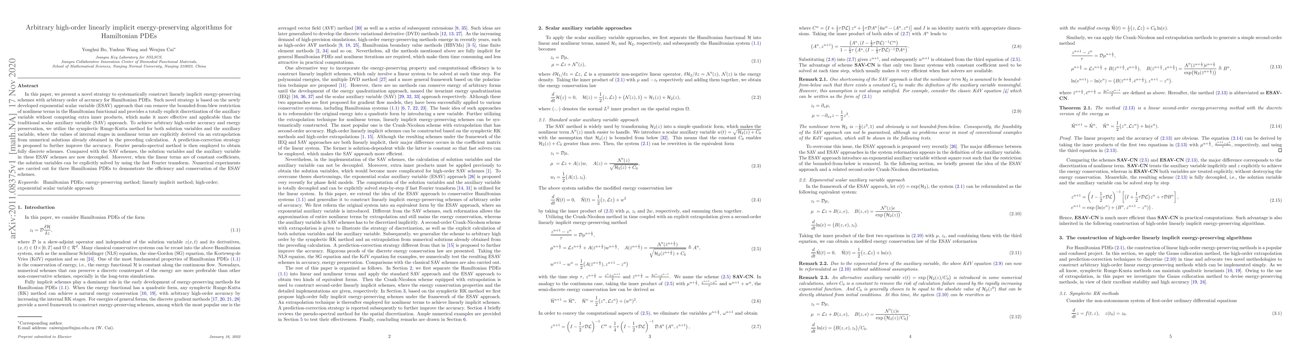Thumbnail for Arbitrary high-order linearly implicit energy-preserving algorithms for
  Hamiltonian PDEs