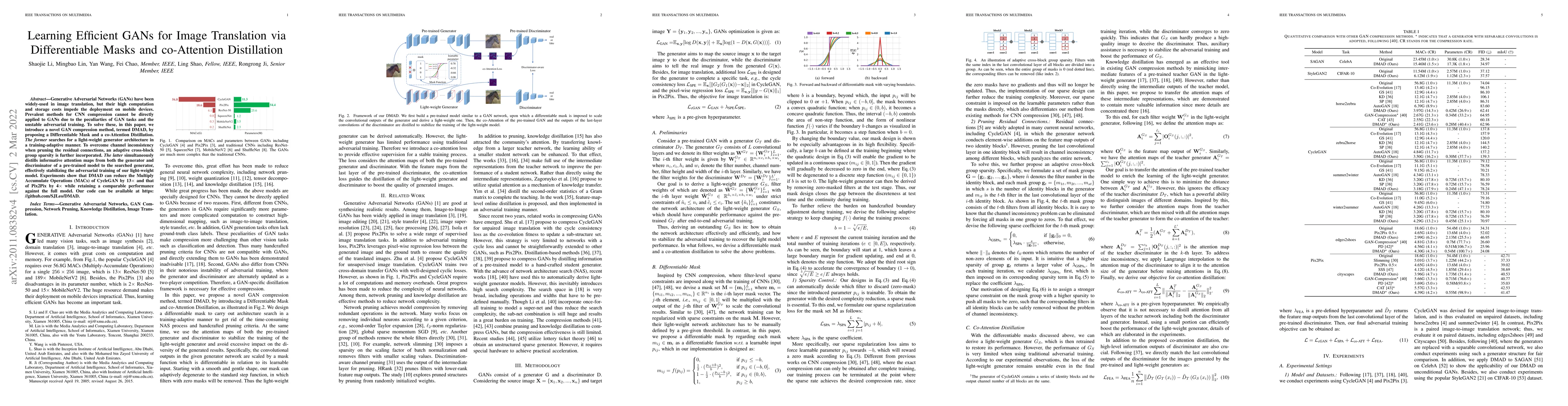 Thumbnail for Learning Efficient GANs for Image Translation via Differentiable Masks
  and co-Attention Distillation