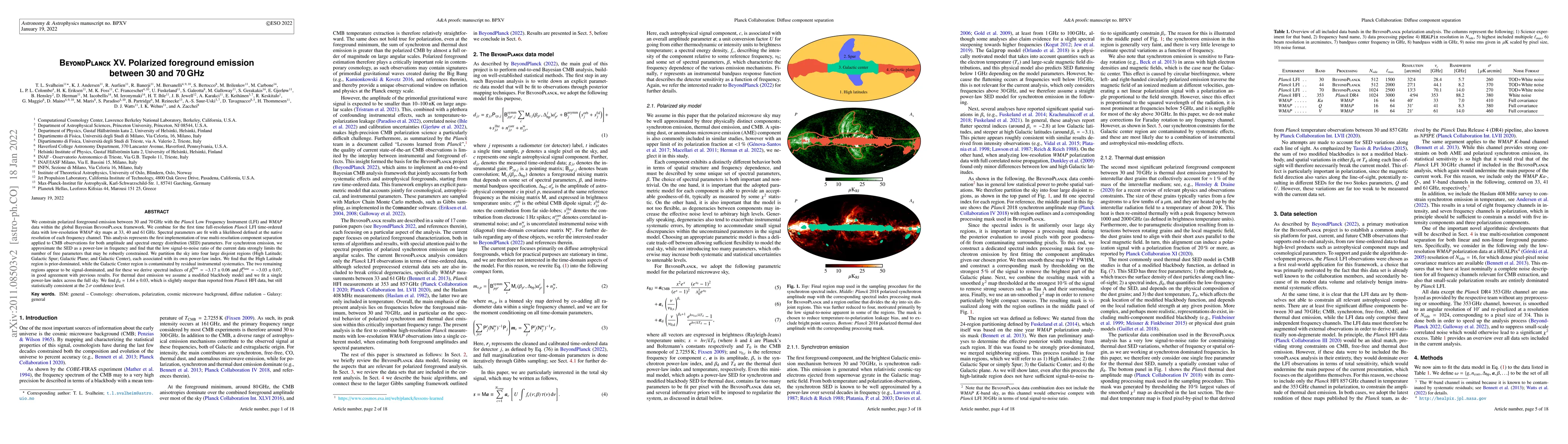 Thumbnail for BeyondPlanck XV. Polarized foreground emission between 30 and 70 GHz