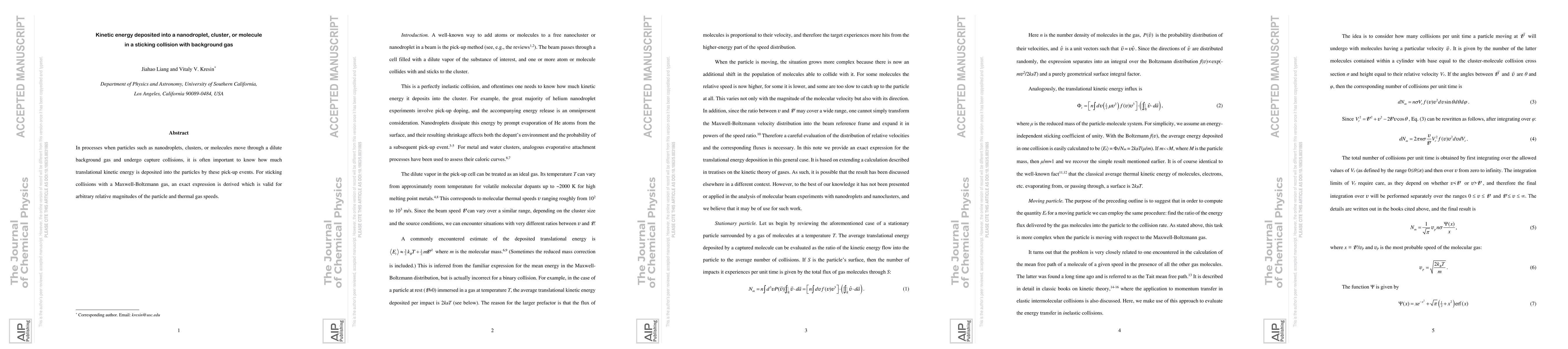 Thumbnail for Kinetic energy deposited into a nanodroplet, cluster, or molecule in a
  sticking collision with background gas