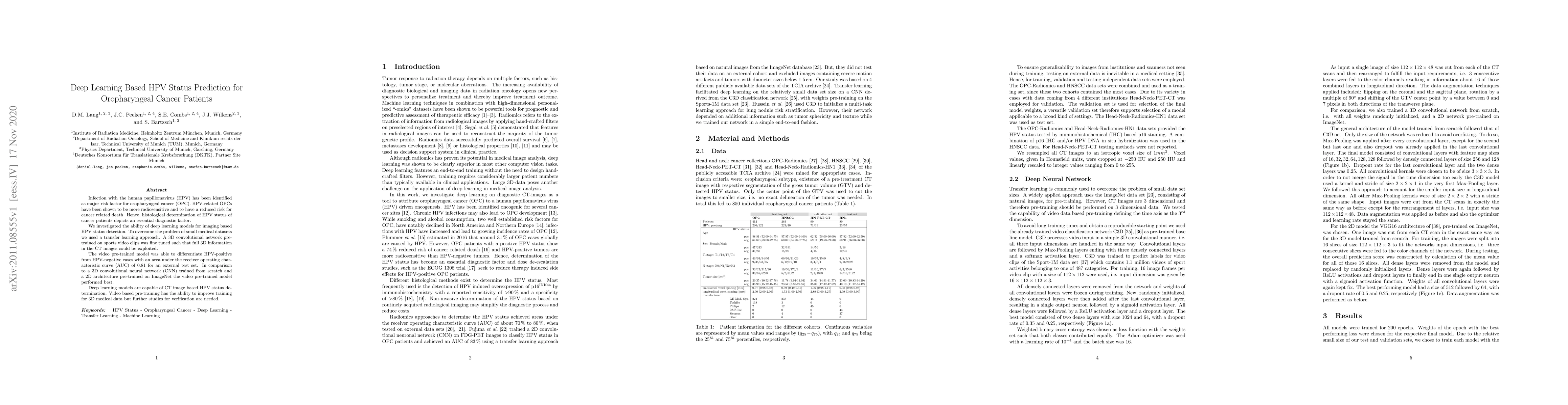 Thumbnail for Deep Learning Based HPV Status Prediction for Oropharyngeal Cancer
  Patients