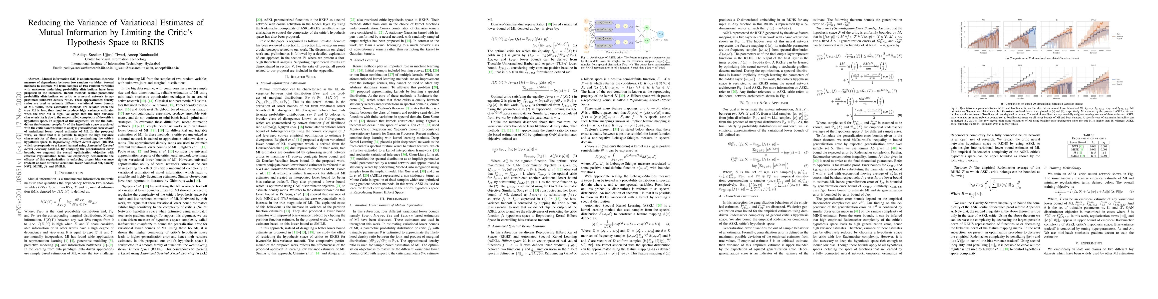 Thumbnail for Reducing the Variance of Variational Estimates of Mutual Information by
  Limiting the Critic's Hypothesis Space to RKHS