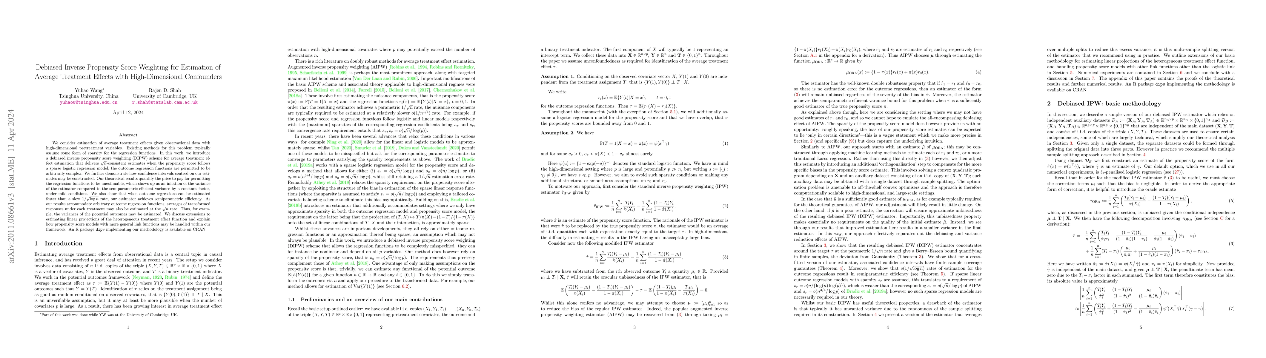 Thumbnail for Debiased Inverse Propensity Score Weighting for Estimation of Average
  Treatment Effects with High-Dimensional Confounders