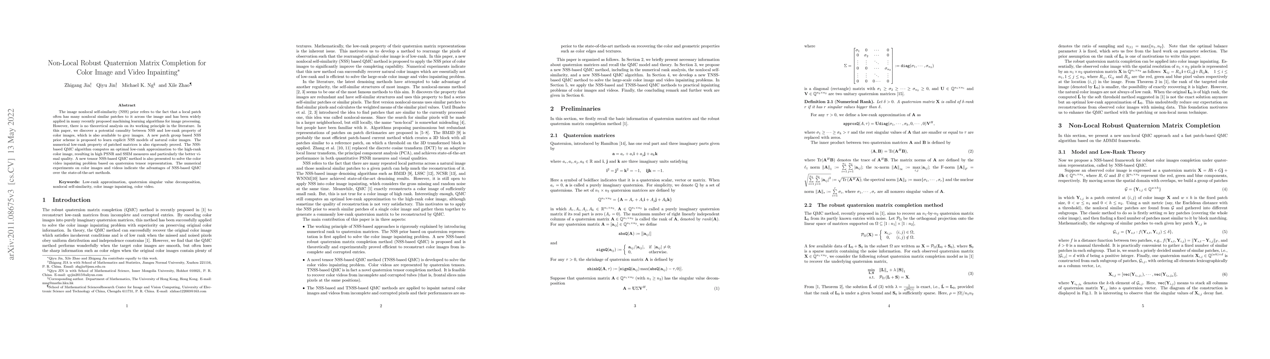 Thumbnail for Non-Local Robust Quaternion Matrix Completion for Color Images and
  Videos Inpainting