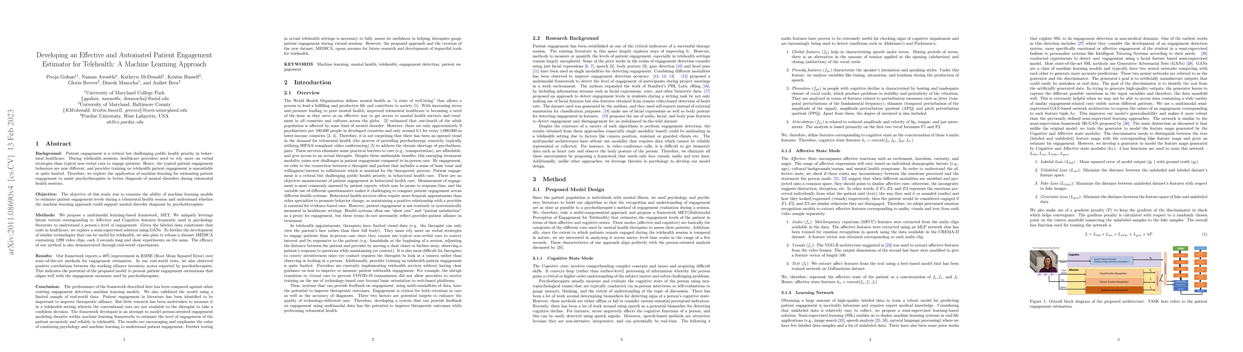 Thumbnail for Developing an Effective and Automated Patient Engagement Estimator for
  Telehealth: A Machine Learning Approach