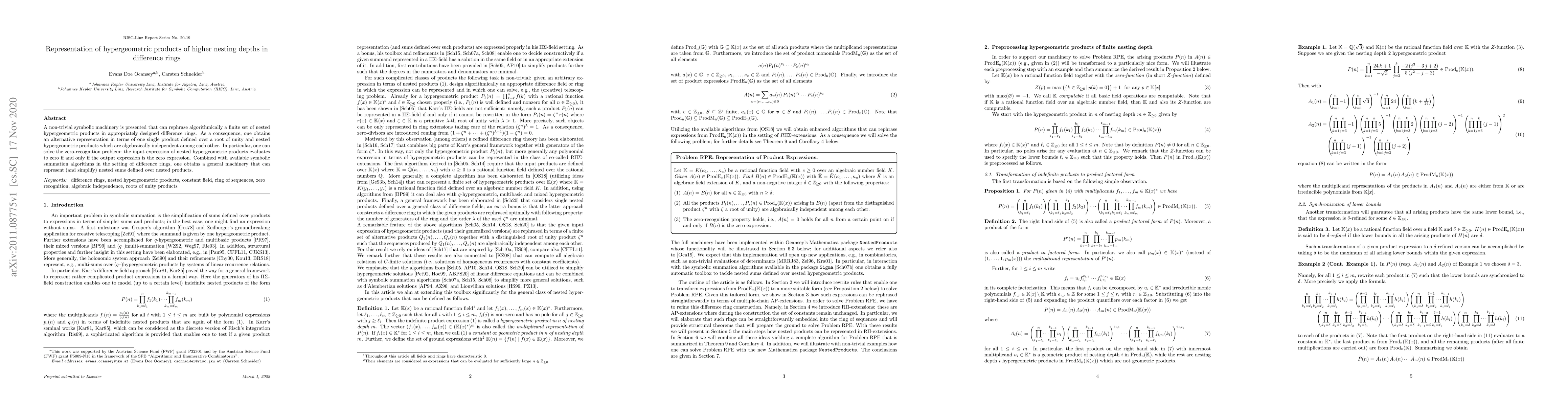 Thumbnail for Representation of hypergeometric products of higher nesting depths in
  difference rings