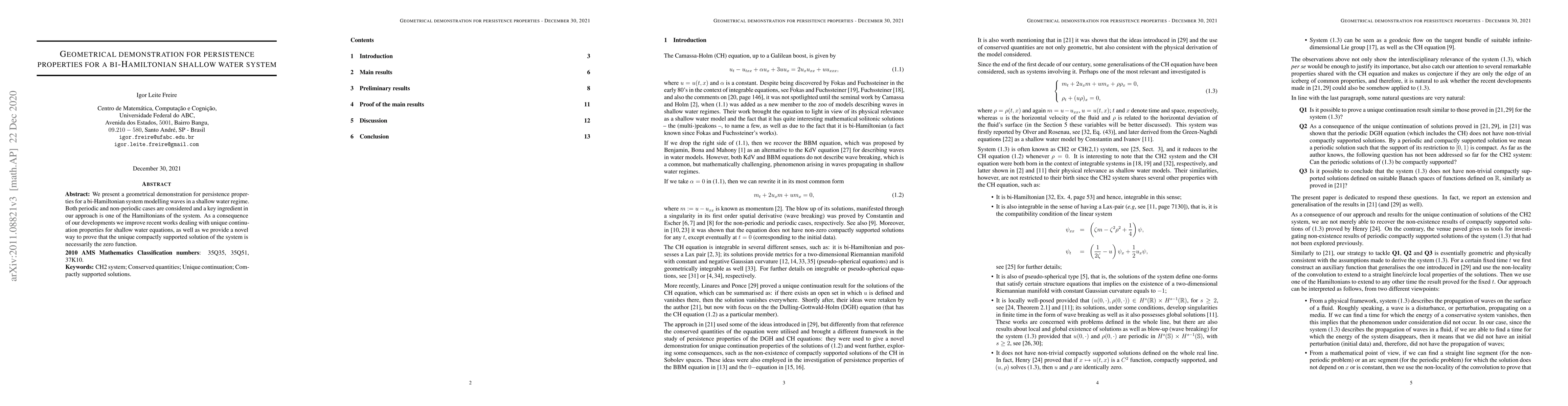Thumbnail for Geometrical demonstration for persistence properties for a
  bi-Hamiltonian shallow water system