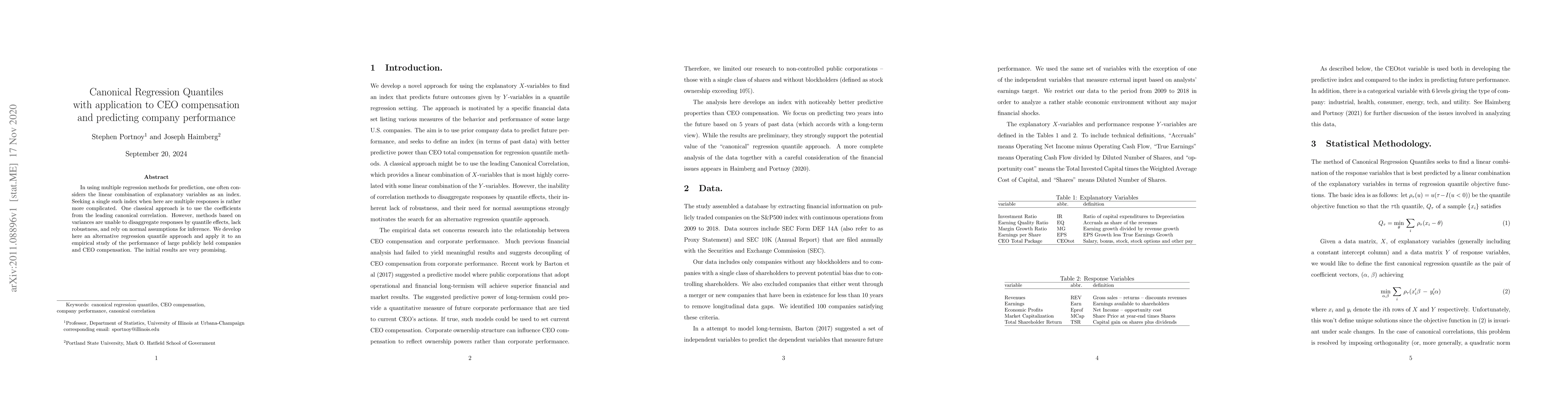 Thumbnail for Canonical Regression Quantiles with application to CEO compensation and
  predicting company performance