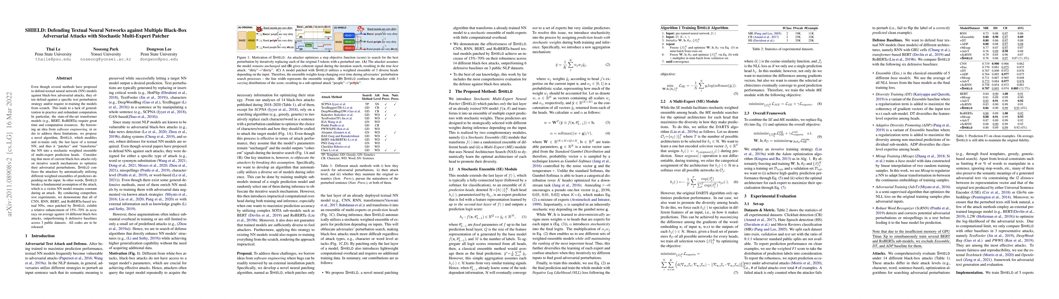 Thumbnail for SHIELD: Defending Textual Neural Networks against Multiple Black-Box
  Adversarial Attacks with Stochastic Multi-Expert Patcher