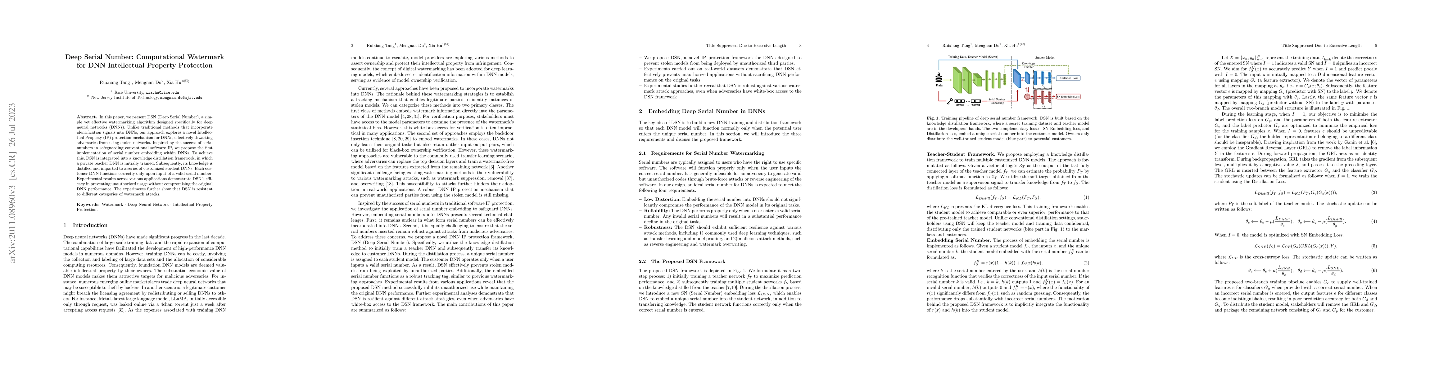Thumbnail for Deep Serial Number: Computational Watermarking for DNN Intellectual
  Property Protection