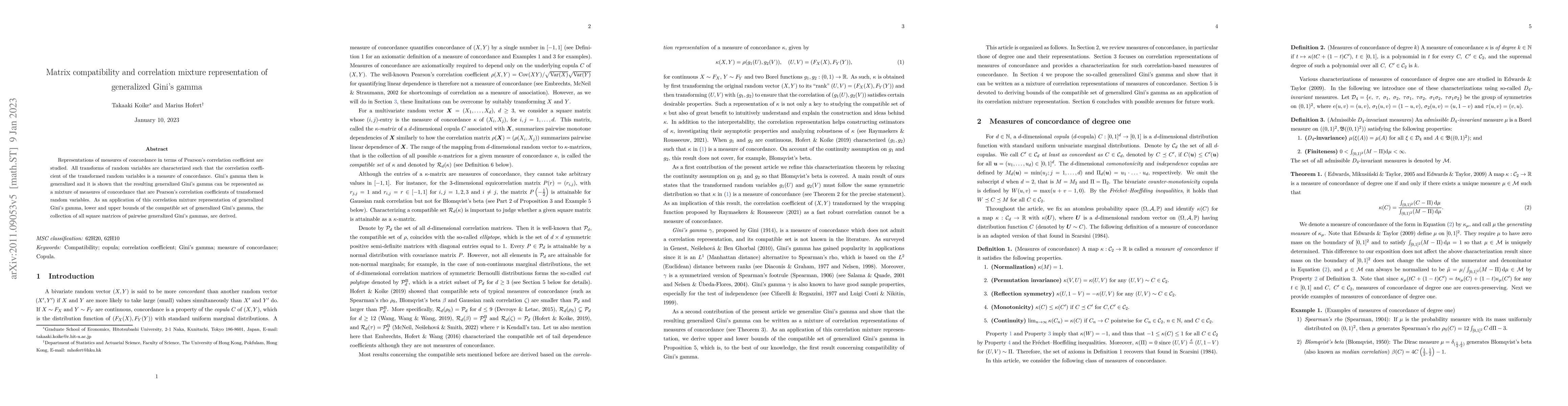 Thumbnail for Matrix compatibility and correlation mixture representation of
  generalized Gini's gamma