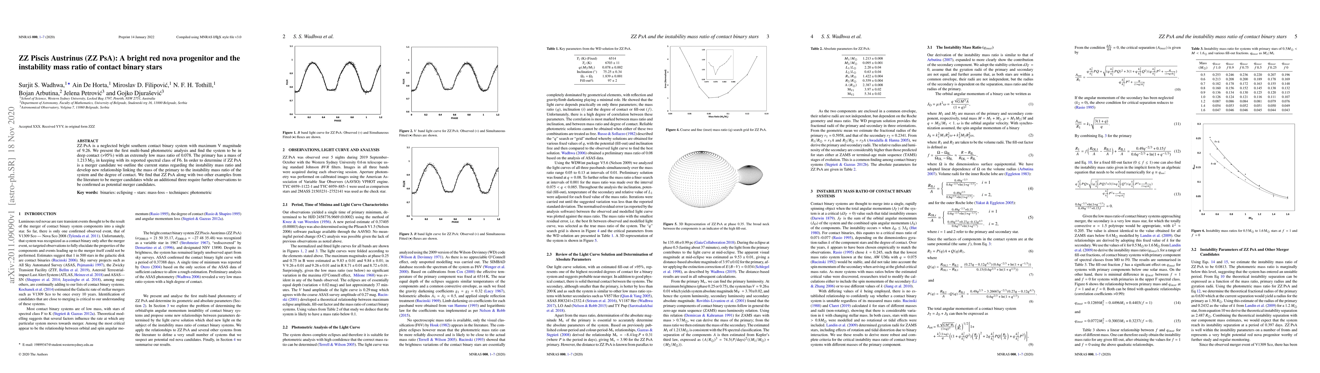 Thumbnail for ZZ Piscis Austrinus (ZZ PsA): A bright red nova progenitor and the
  instability mass ratio of contact binary stars
