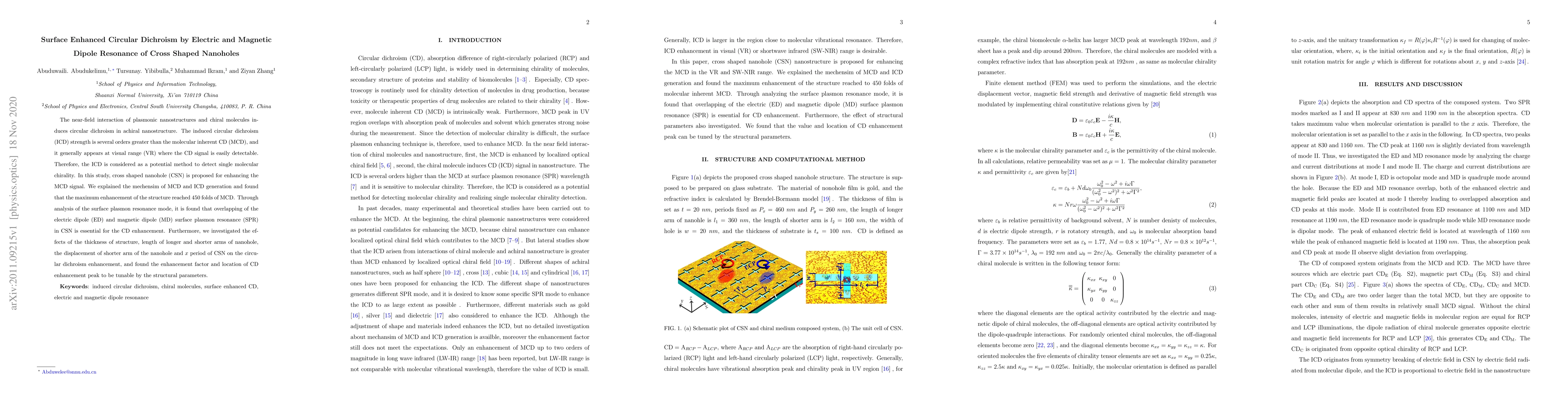 Thumbnail for Surface Enhanced Circular Dichroism by Electric and Magnetic Dipole
  Resonance of Cross Shaped Nanoholes