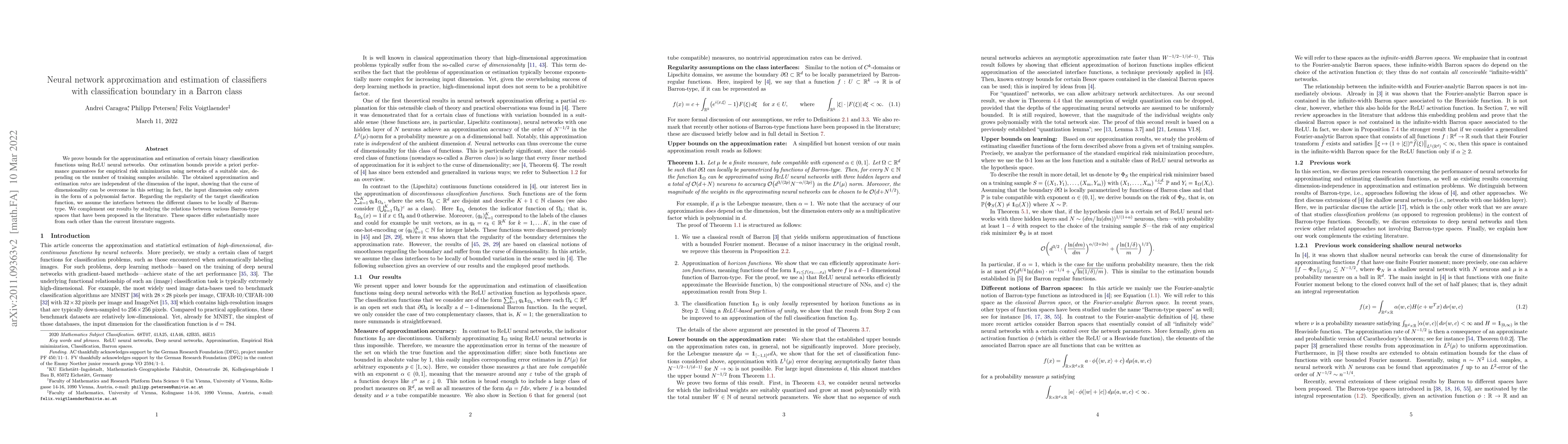 Thumbnail for Neural network approximation and estimation of classifiers with
  classification boundary in a Barron class