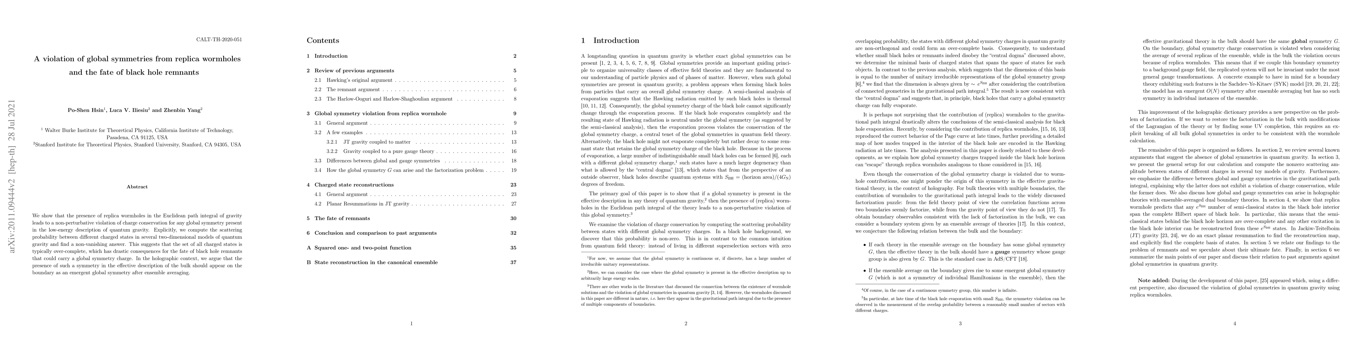 Thumbnail for A violation of global symmetries from replica wormholes and the fate of
  black hole remnants