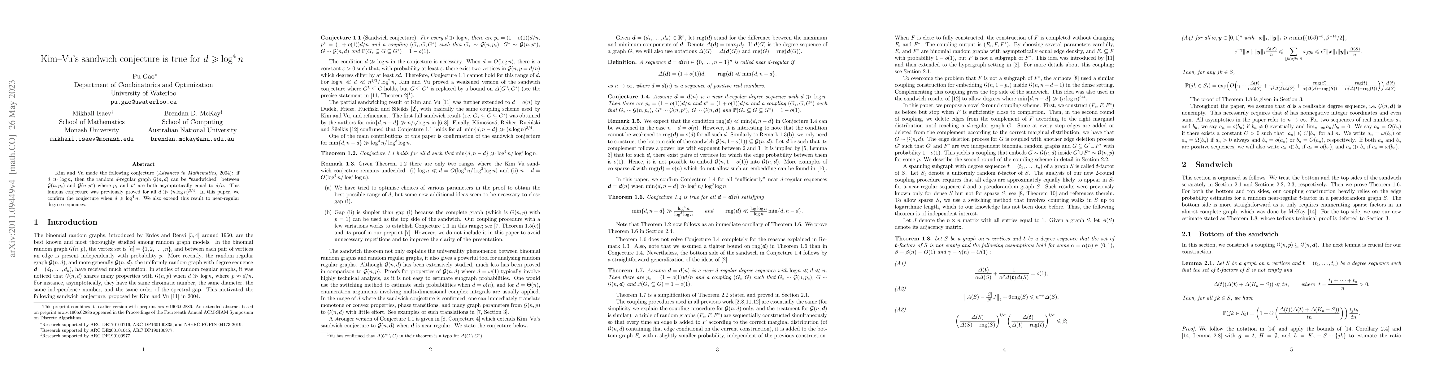 Thumbnail for Kim--Vu's sandwich conjecture is true for $d \geq \log^4 n$