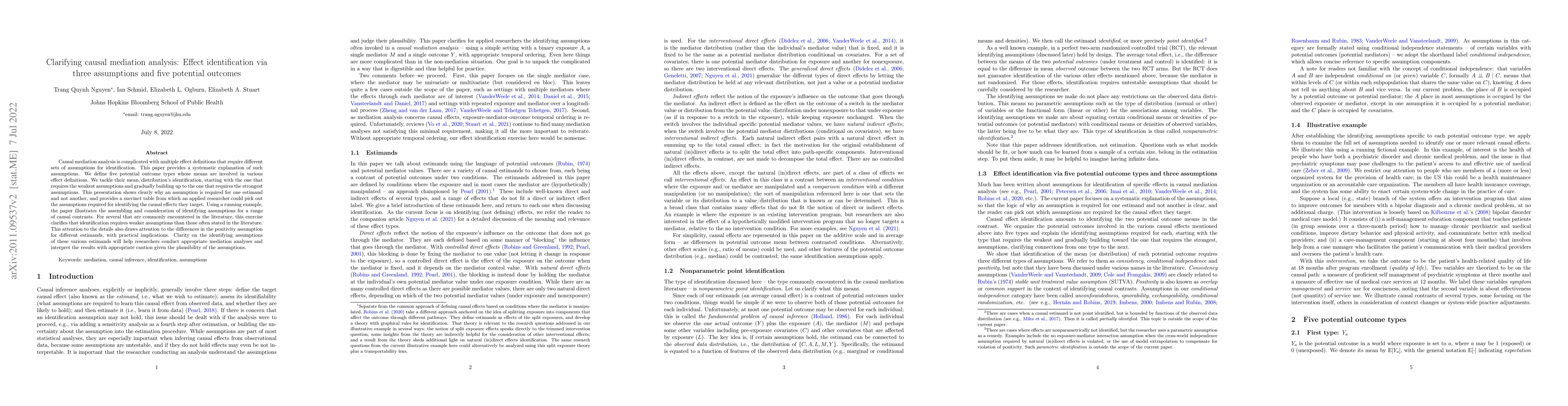 Thumbnail for Clarifying causal mediation analysis: Effect identification via three
  assumptions and five potential outcomes