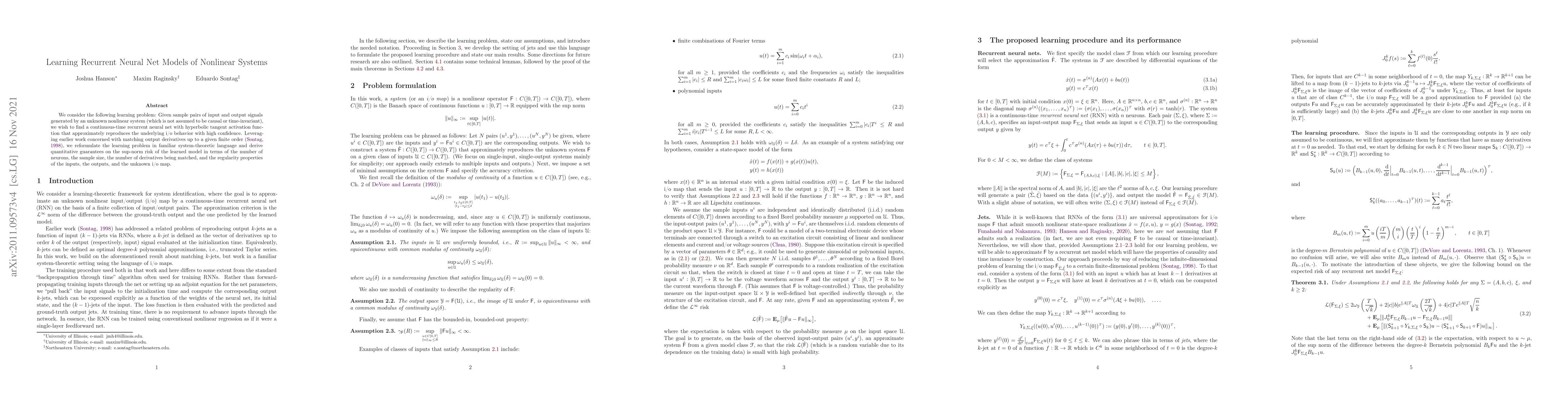 Thumbnail for Learning Recurrent Neural Net Models of Nonlinear Systems
