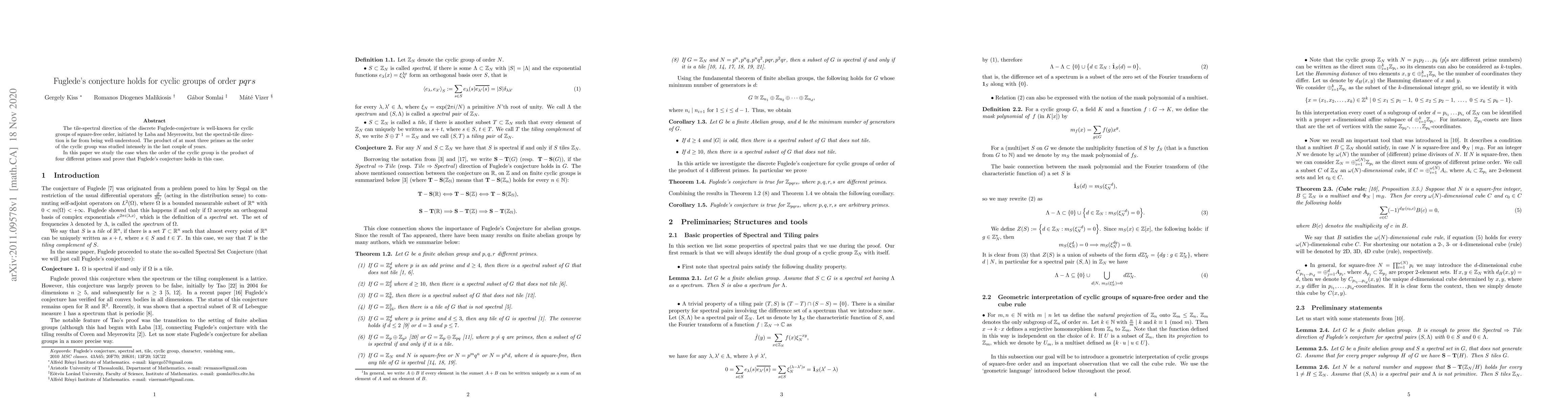 Thumbnail for Fuglede's conjecture holds for cyclic groups of order $pqrs$