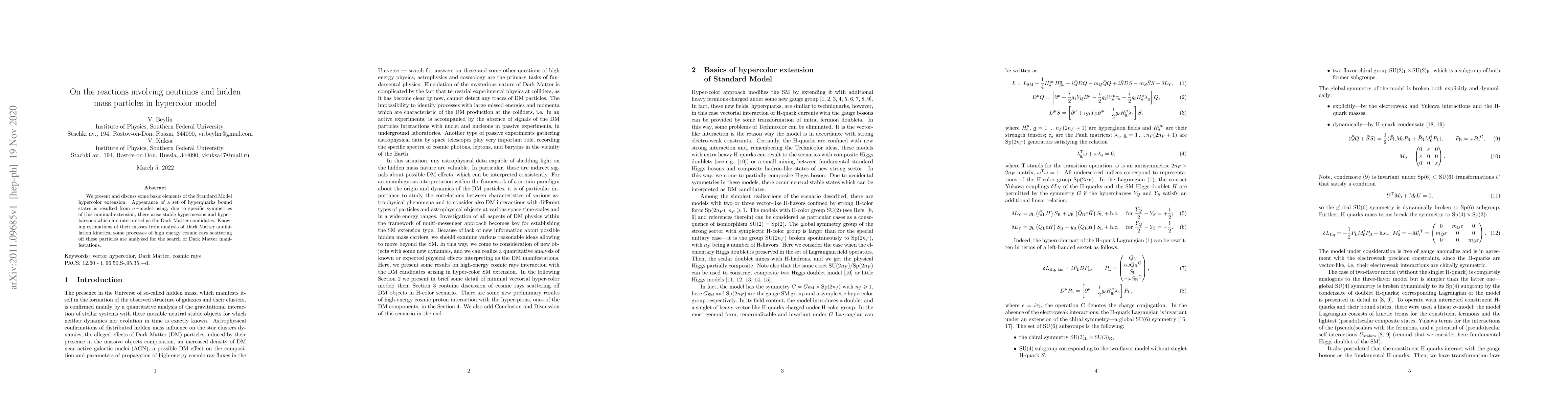 Thumbnail for On the reactions involving neutrinos and hidden mass particles in
  hypercolor model